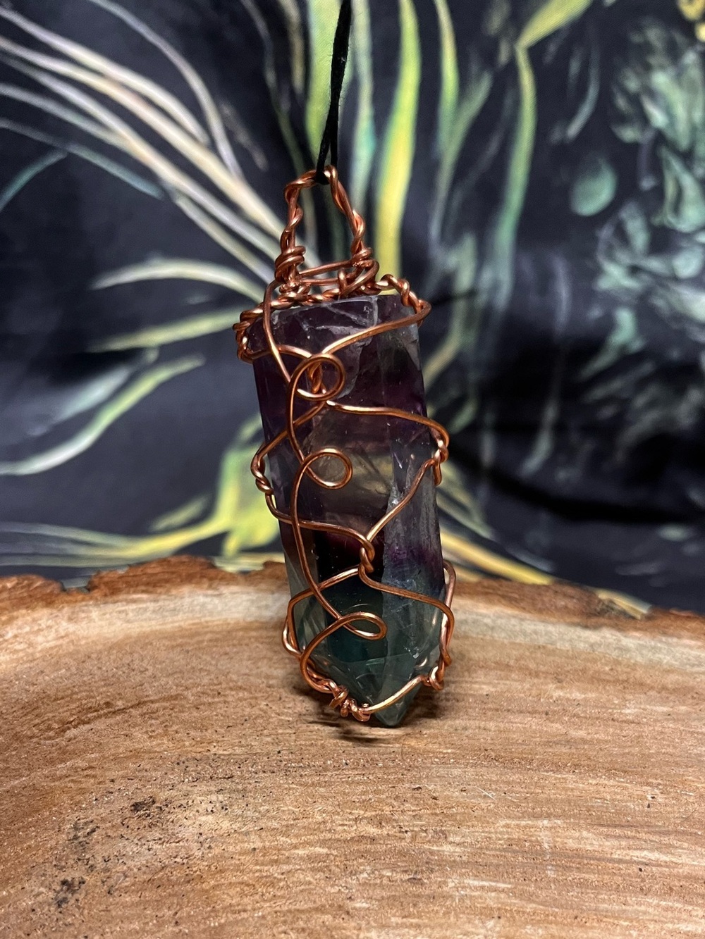 Copper Wire Wrapped Fluorite Pendant Necklace - Purple & Green